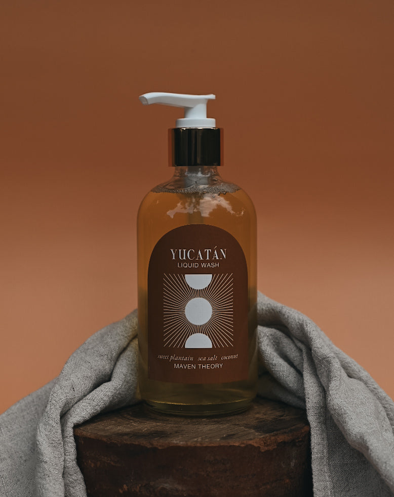 Yucatán hand and body wash on wood stand
