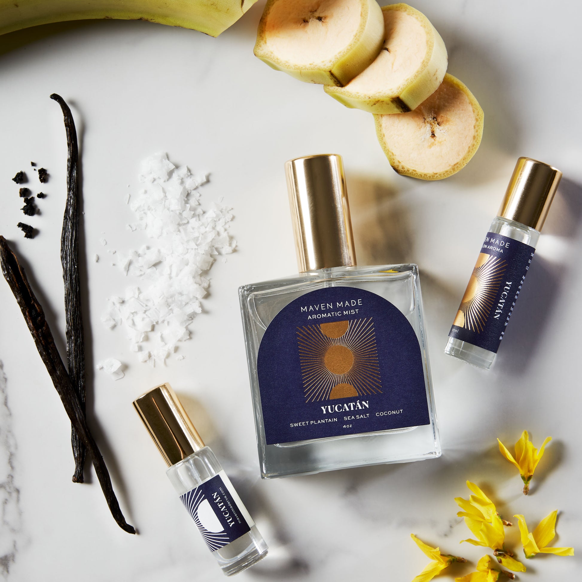 Yucatan Mexico fragrance collection with banana, vanilla, ylang and sea salt